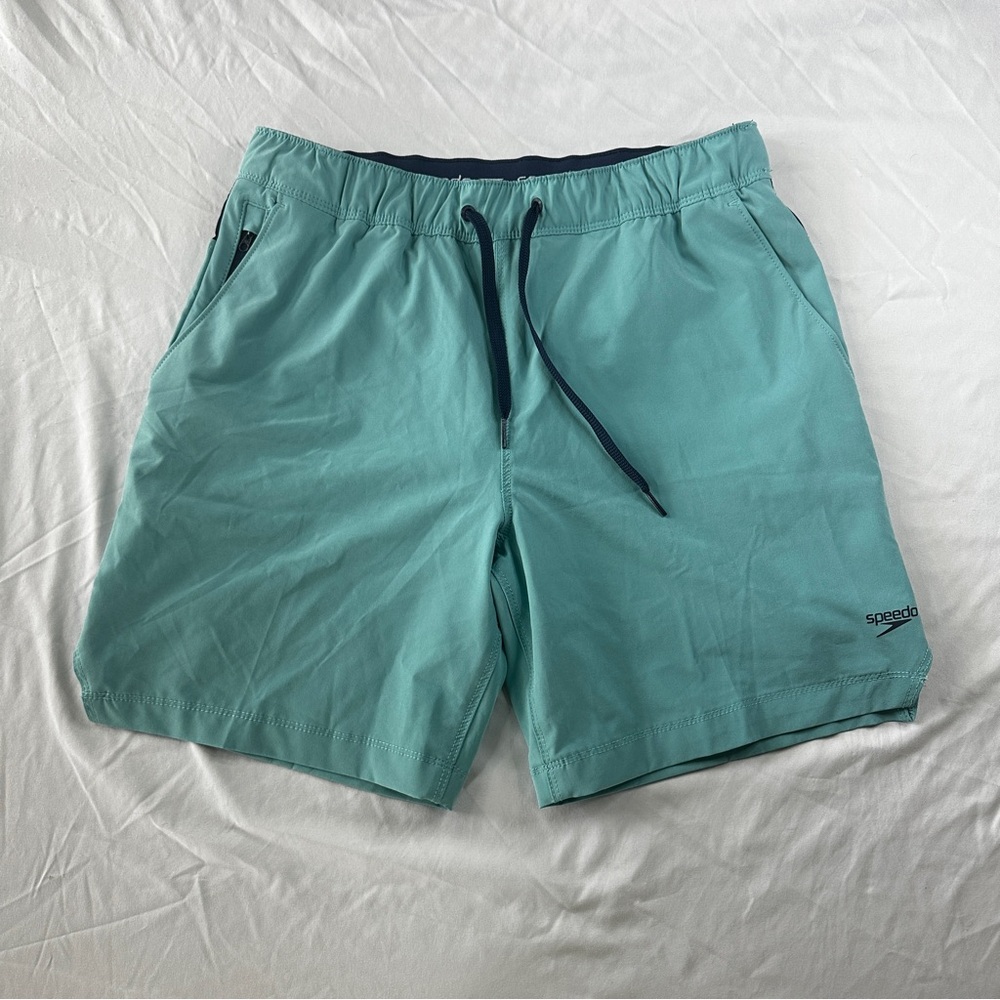 Speedo Men’s Lined Swim Trunks Aqua Blue Size S Drawstring Zipper Pocket - 287